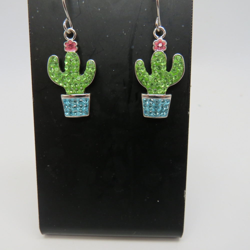 Unbranded Rhinestone Potted Cactus Drop Earrings Green Blue Silver Tone